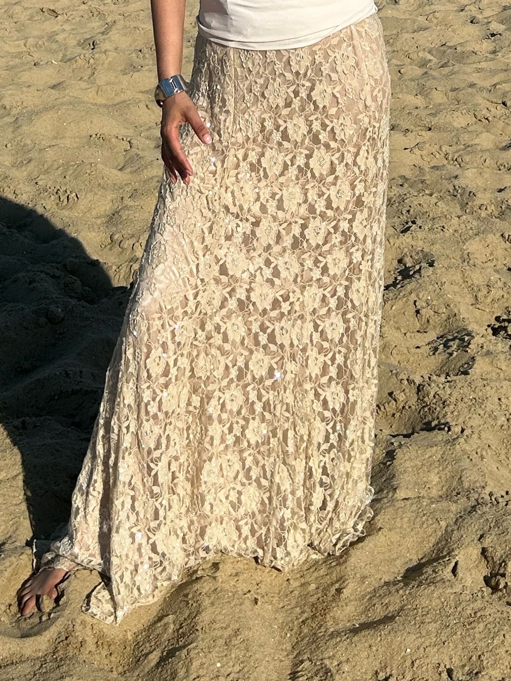 Lace Maxi Skirt in Cream - Women’s Elegant Beach Skirt Beaded